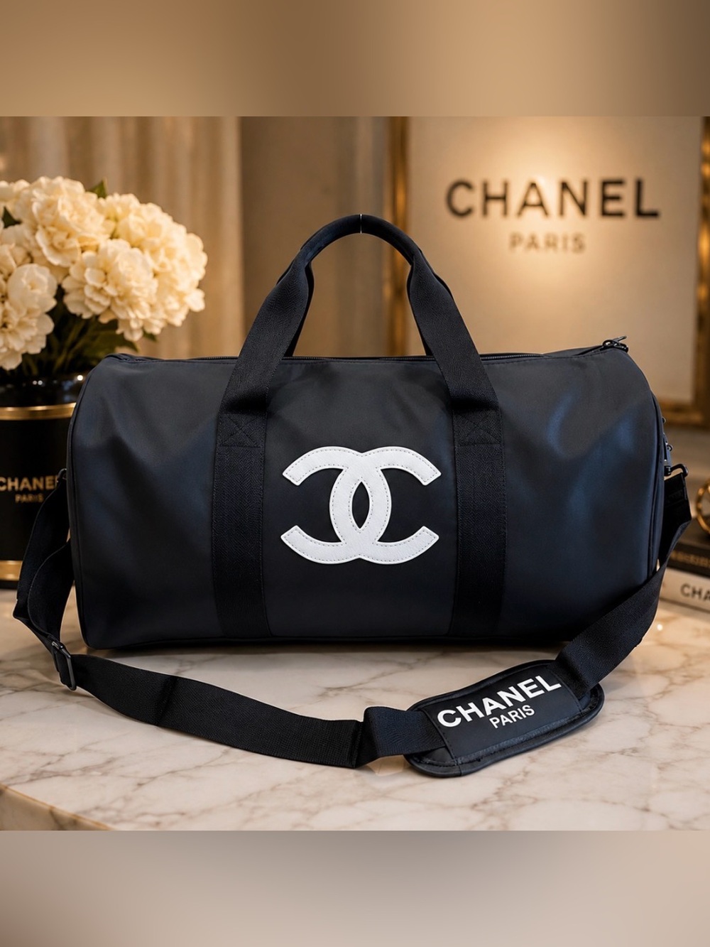 Chanel Black Duffel Bag with White Logo